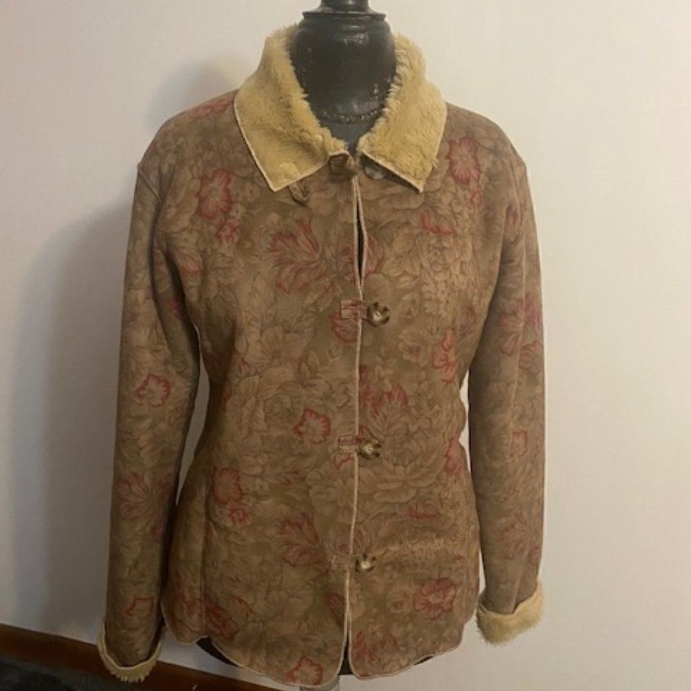 Coldwater Creek Tan Faux Suede Floral Sherpa jacket, size S